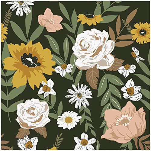 Large Floral Peel and Stick Wallpaper Boho Removable Wallpaper for Bedroom Bathroom Easy Peel Off Wallpaper Stick on Wallpaper Vintage Renter Friendly Wall Paper with Knife, Tape Measure 118" X 17.7"