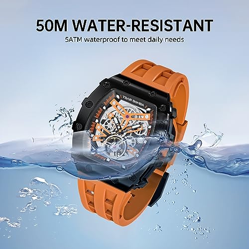 Image of TSAR BOMBA Men's Automatic Watch Tonneau Luxury Skeleton Watches for Men Mechanical 50M Waterproof Analogue Watches Mens Unique Cool Square Big Face Dial Wristwatch with Silicone Strap Band