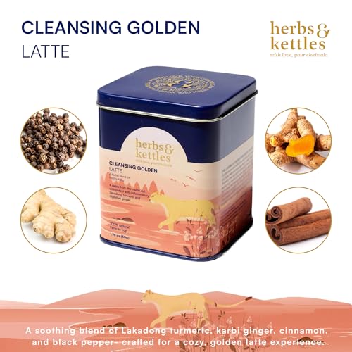 Image of Herbs & Kettles Cleansing Golden Latte | 1.76 oz Turmeric Golden Milk Blend for Detox, Gut Health & Daily Wellness | Rich Superfood Latte with Warming Spices | Nourishing Caffeine-Free Drink Mix | Delicious Hot or Iced