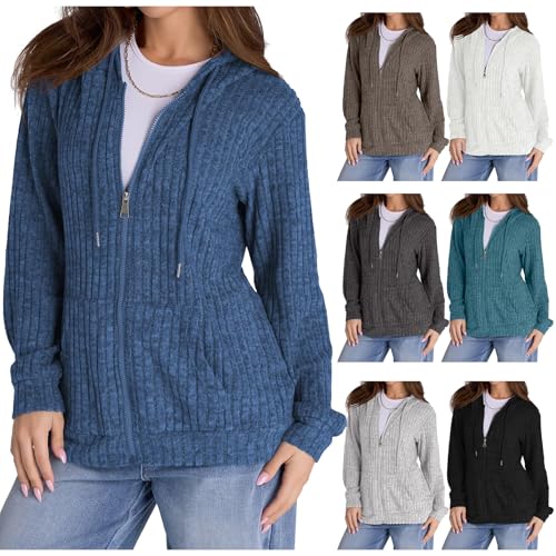 Zip Up Cardigan Sweaters for Women Winter Ribbed Knit Long Sleeve Hood Sweatshirt Jacket Casual Drawstring Jackets3