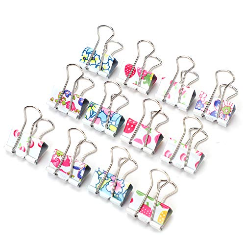 24 Pack Colorful Printed Binder Clips Clamps Metal Paper Clips Clamps Cute Decorative Paper Binder Clips Assorted Fruit Floral Designs for Home Office Archive Work Document Organizing