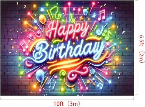10X6.5FT Neon Happy Birthday Banner Backdrop Party Decorations Birthday Photo Backdrop Glow in The Dark Birthday Party Banner Music Sign Fireworks Brick Wall Photo Background Props ZHTAOYH ZH071 - image 6