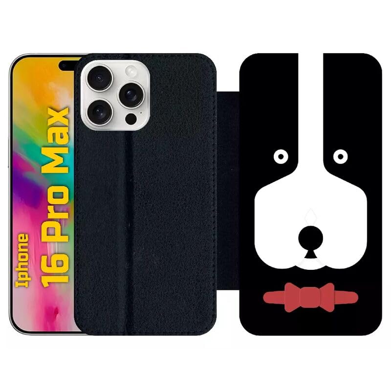 Étui à rabat pour iPhone 16 Pro Max noir en simili-cuir au motif chien avec nœud papillon
