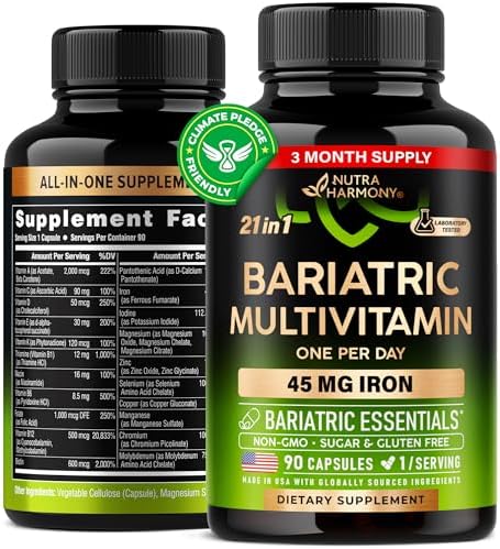 Bariatric Multivitamin – 45 mg Iron Supplements – Made in USA – for Women & Men – All-in-One, 21 Essential Vitamins – Gastric Sleeve Support – Free of Sugar, Gluten & Soy – 90 Capsules, Once Daily