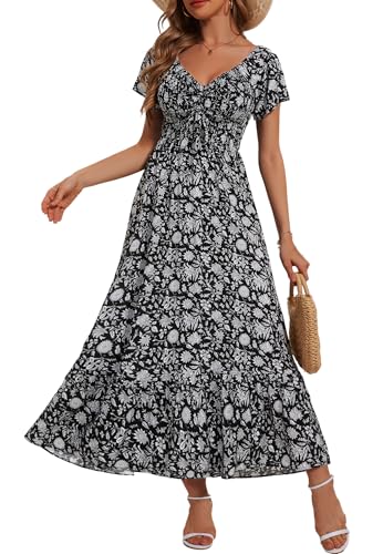 Image of Summer Smocked Boho Maxi Dress for Women 2026 Short Sleeve Floral Smocked Flowy Ruffled Beach Vacation Dresses Lightweight