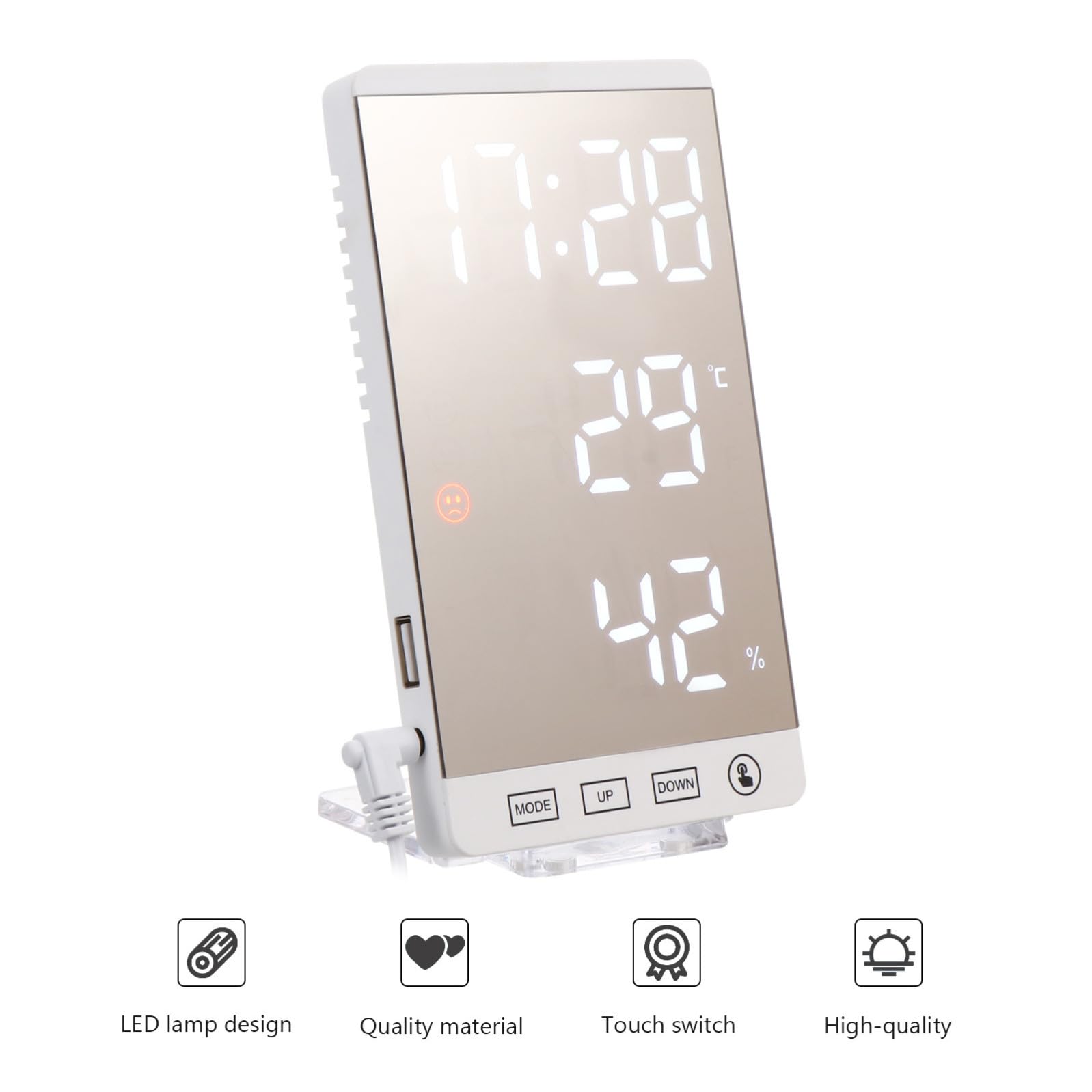 Orologio Elettronico Digitale da Tavolo con Display Temperatura e Umidità, Specchio Acrilico, Abs, Bianco, per Camera, Desktop