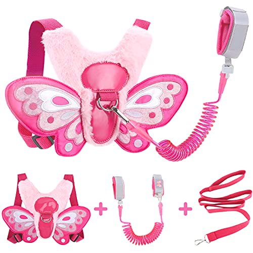 Accmor Toddler Leash + Anti Lost Wrist Link, Butterfly Child Leash Harness Wrist Leashes, Kids Walking Harnesses Wristband Assistant Hand Strap Belt for Baby Girls (Pink)