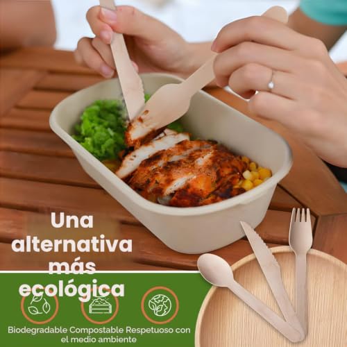 Miniatura 4 de Foogo Green Juego De Cubiertos De Madera Desechables, 100 Cucharas, 100 Tenedores, 100 Cuchillos, Biodegradables, Juego De Cubiertos Ecológicos, Para Fiesta, Boda