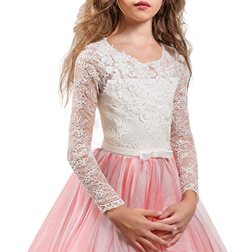 IWEMEK Girl Lace Embroidery Flower Long Sleeve Wedding Trailing Dress Princess Pageant Party Floor Length Communion Prom Gown3
