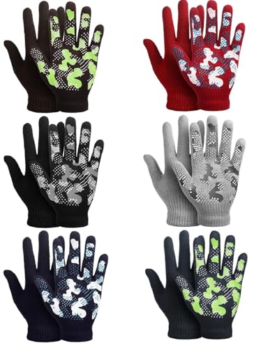 6 Pairs Girls Boys Magic Stretch Gripper Gloves Stretch Winter Kids Gloves Camouflage Full Fingers Glove for Boys 5-8 Years old Winter Camo Glove for Children