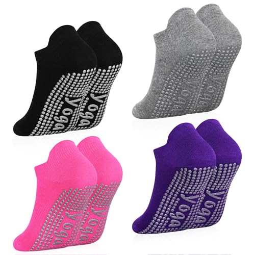 SkiBeaut Pilates Grips Women Socks, 4 Pairs Non Slip Yoga Ballet Dance Sticky Hospital Home Socks with Grippers for Woman