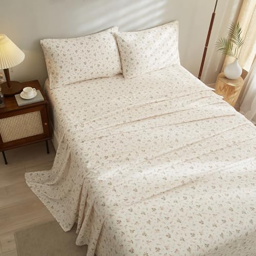 California King Size Pink Floral Sheets Set 4 Piece Cooling Bed Sheets & Pillowcases Set Chic Vintage Floral Bedding Sheets Cute Flower Botanical Sheets Easy Fit Deep Pockets Aesthetic Sheets Set by LifeTB - Used condition - Image 3