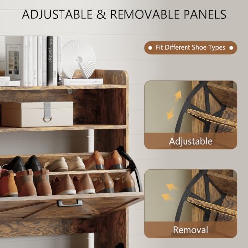 Image of Shoe Cabinet with 2 Flip Drawers, Freestanding Hidden Shoe Storage Organizer for Entryway, Narrow Slim Shoe Rack Cabinet with Open Storage & Hooks for Front Door Entrance, Living Room, Hallway, Brown