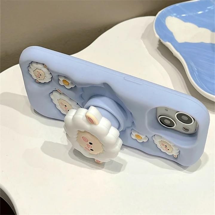 Image of COVERLY for iPhone 15 3D Cartoon Sheep Flock Case,Full Protective Funda Cotton Candy Cloud Pop Back Case with Holder Cute Soft Silicone Stylish Fashion Fun Aesthetic Cover for Apple iPhone 15
