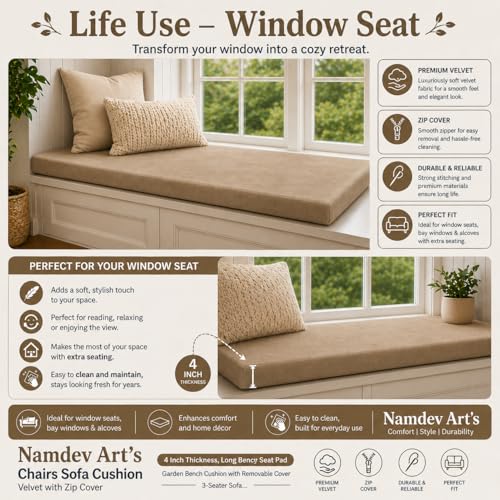 Image of Namdev Art's Chairs Sofa Cushion Pu Foam with Zip Cover 4 Inch Thickness, 3-Seater Sofa Foam Seat for Home (Beige, 60x24)