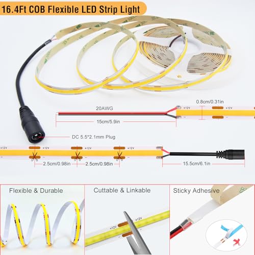 Image of Dimmable Warm White COB LED Strip Light Kit 16.4ft with RF Remote & UL 12V Power Supply 3000K CRI93+ No Dark Spots Tape Lights for Indoor Cabinet, Bedroom, DIY Craft, Wall Accent Lighting