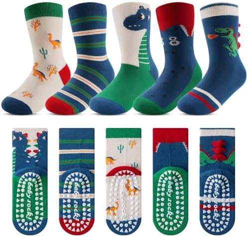 Kyopp 5 Paar Stoppersocken Kinder Baumwolle Socken Jungen Mädchen ABS Socks | Rutschsocken für Kleinkinder,Tiermotive Stoppersocken,Baumwolle Crew Socks ABS Kindersocken