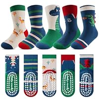 Kyopp 5 Paar Stoppersocken Kinder Baumwolle Socken Jungen Mädchen ABS Anti Rutsch Socken Tiermotive 25-37EU（ABS-Dinosaurier L）