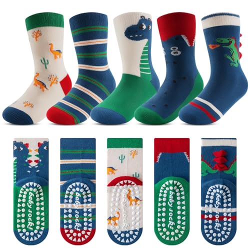 Kyopp 5 Paires de Chaussettes Enfants Antidérapants Garçons Filles Chaussettes en ABS Motifs Animaux en Coton, 6-8 ans