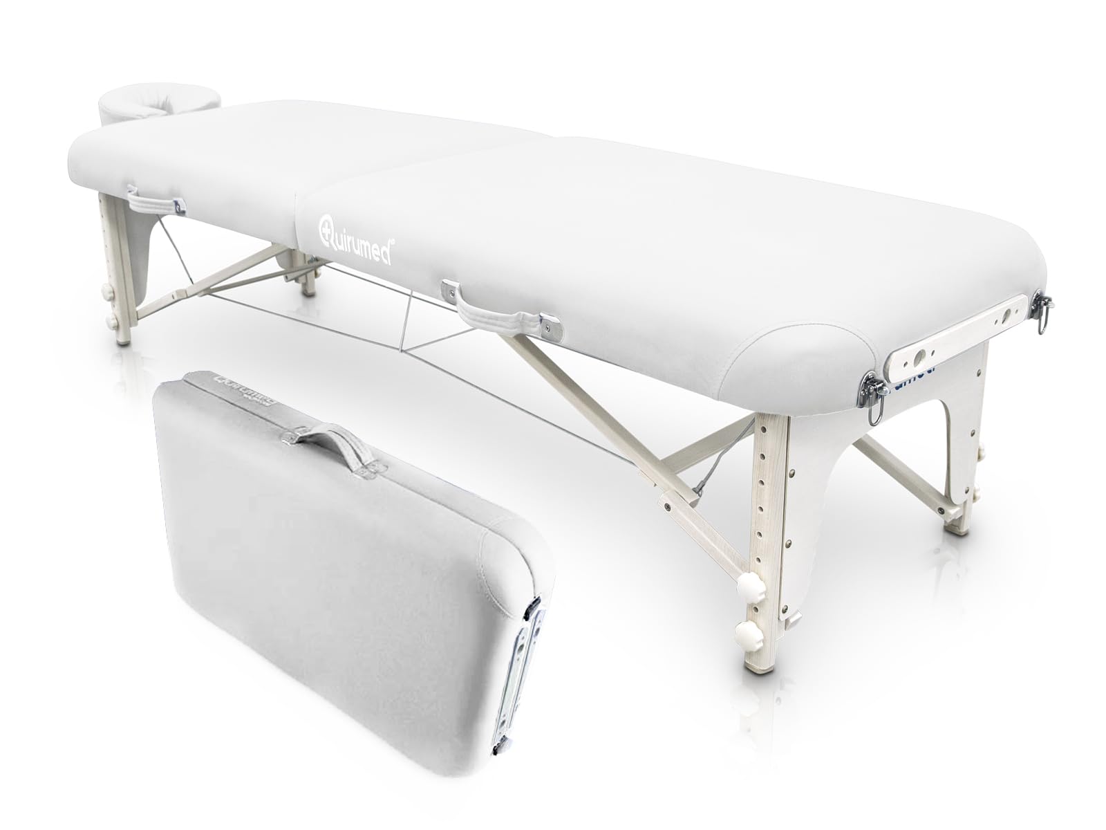 QUIRUMED Camilla shiatsu Plegable, de Madera, 211 x 60 cm, Color Blanco, Polipiel, Regulable en Altura, Cabezal extraíble, Estructura Reforzada, hasta 185 kg