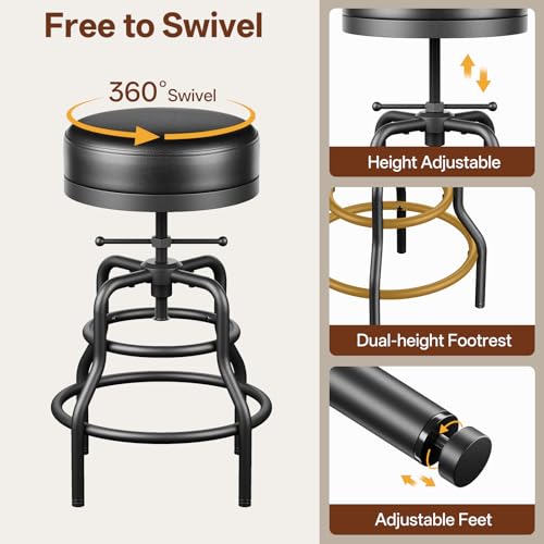 Image of Raynesys Adjustable Height Swivel Bar Stools Set of 2, 22-29 Inch Industrial Vintage Bar Counter Height Stools with Thicken Premium Bonded Leather Seats & Updated Footrests, Easy Assembly, Black