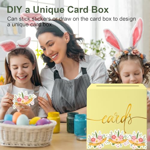 Image of Light Yellow Card Box with Gold Foil Design, Paperboard 8.7 inch Card Box for Birthday Wedding Party Graduation Retirement Anniversary Valentine's Day & Baby Showers, Raffle or Money Box