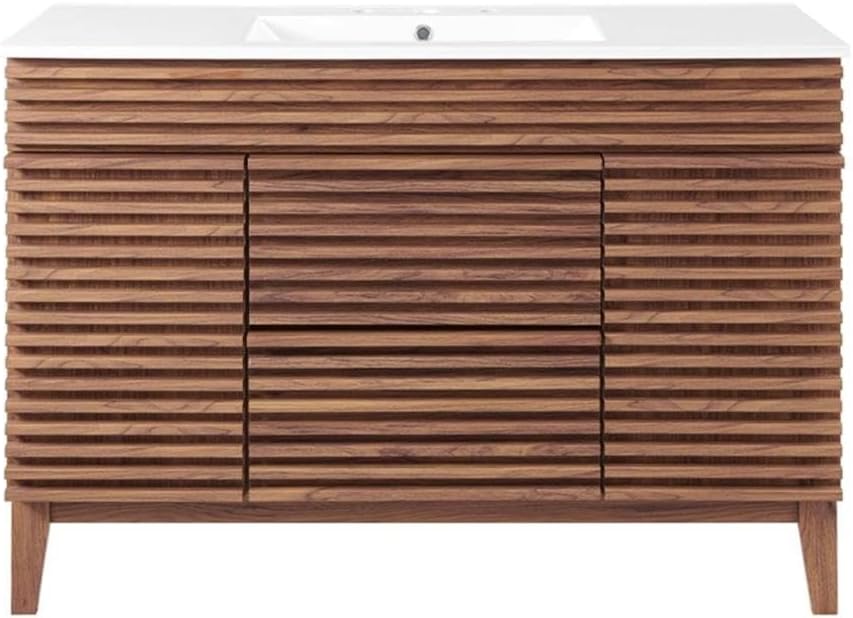 Pemberly Row 48" Modern Plastic Bathroom Vanity, Walnut Grain MDF and Particleboard, White Ceramic Single Sink, Full-Extension Drawers, Soft-Close Doors, Mid-Century Style for Bathroom Use
