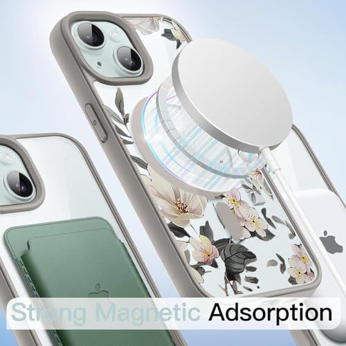 Image of VONZEE Compatible with iPhone 15 Plus Case Luxury Retro Flowers Floral Clear for Magnetic Wireless Charging Case Shockproof Case PC+TPU Cute Glossy Shiny Cover for Girls Women, 6.7'' Grey