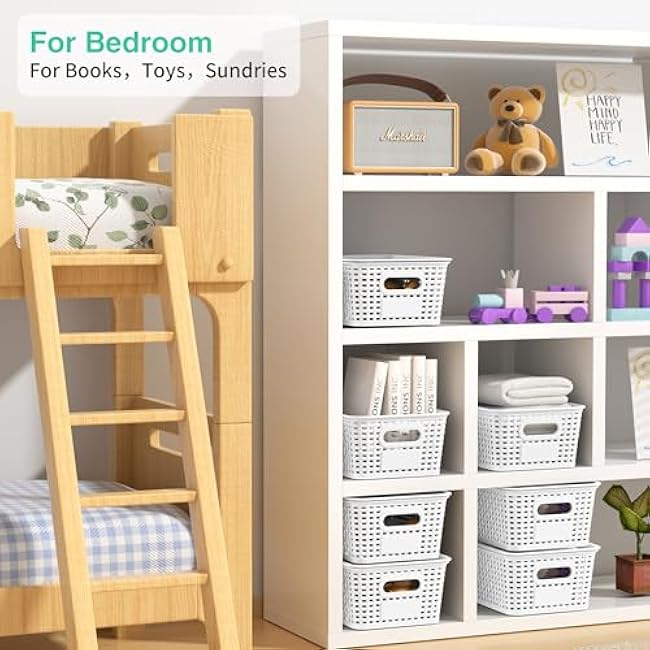 8-Pack White Plastic Storage Baskets with Lids, Label Organizers, Stackable Organizer Containers: For Organizing Shelves, Drawers, Desk Closets, Playrooms, Classrooms, Offices