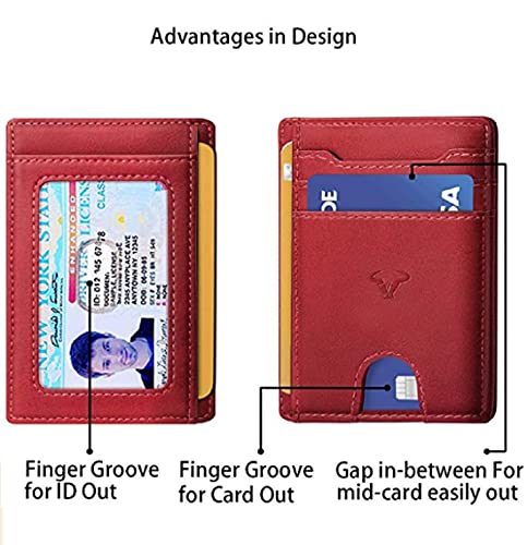 Image of Contacts Genuine Leather Slim Wallet | RFID Blocking Skinny Minimal Thin Front Pocket Wallet Sleeve Card Holder for Men | Up to 7 Card Slots Including 1 ID Window (Red)
