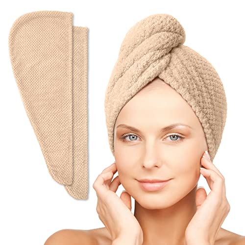 SimpleField Microfiber Hair Towel Wrap for Women - 2 Packs Waffle Weave Quick Dry Hair Turban for Drying Long, Curly & Thick Hair. Ultra Absorbent, Anti-Frizz Hair Care Accessory (Golden Brown)