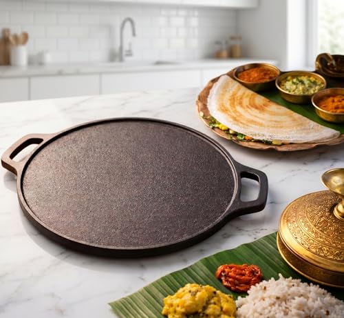 Image of E-COSMOS Cast Iron Dosa Tawa (12 Inch / 30 cm) - Pre-Seasoned Flat Griddle Pan for Uthappam, Paratha, and Naan - Induction Friendly Cookware, Black
