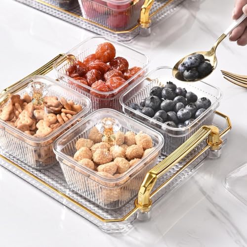 Image of Airtight Dry Fruit Container Tray Set with Lid | Candy Serving Tray With 4 Bowls - Snack, Nuts, Chocolates & Mukhwas | Multi-Function Storage Box| Acrylic Serving Dishes Box| Diwali & Wedding Gift Box