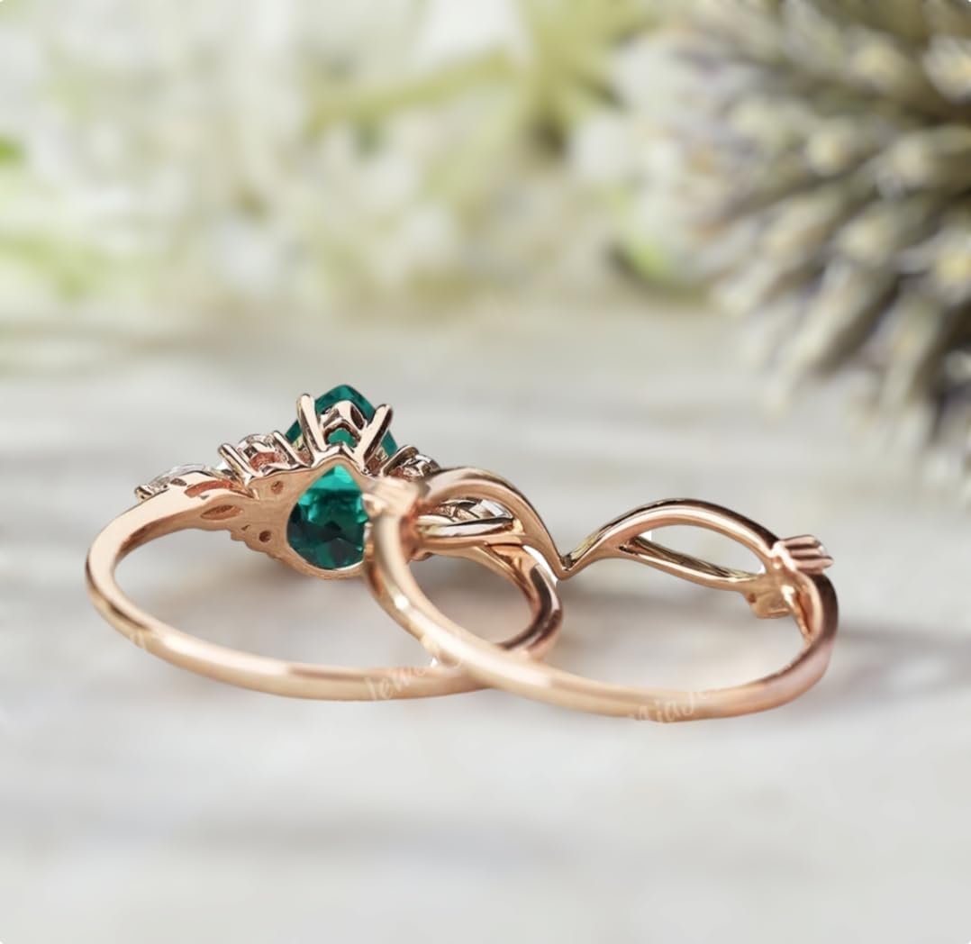 Antique Emerald Wedding Ring Set Pear Emerald Engagement Ring Vintage Curved Promise Ring 14k Rose Gold Rings For Women Custom Anniversary Ring