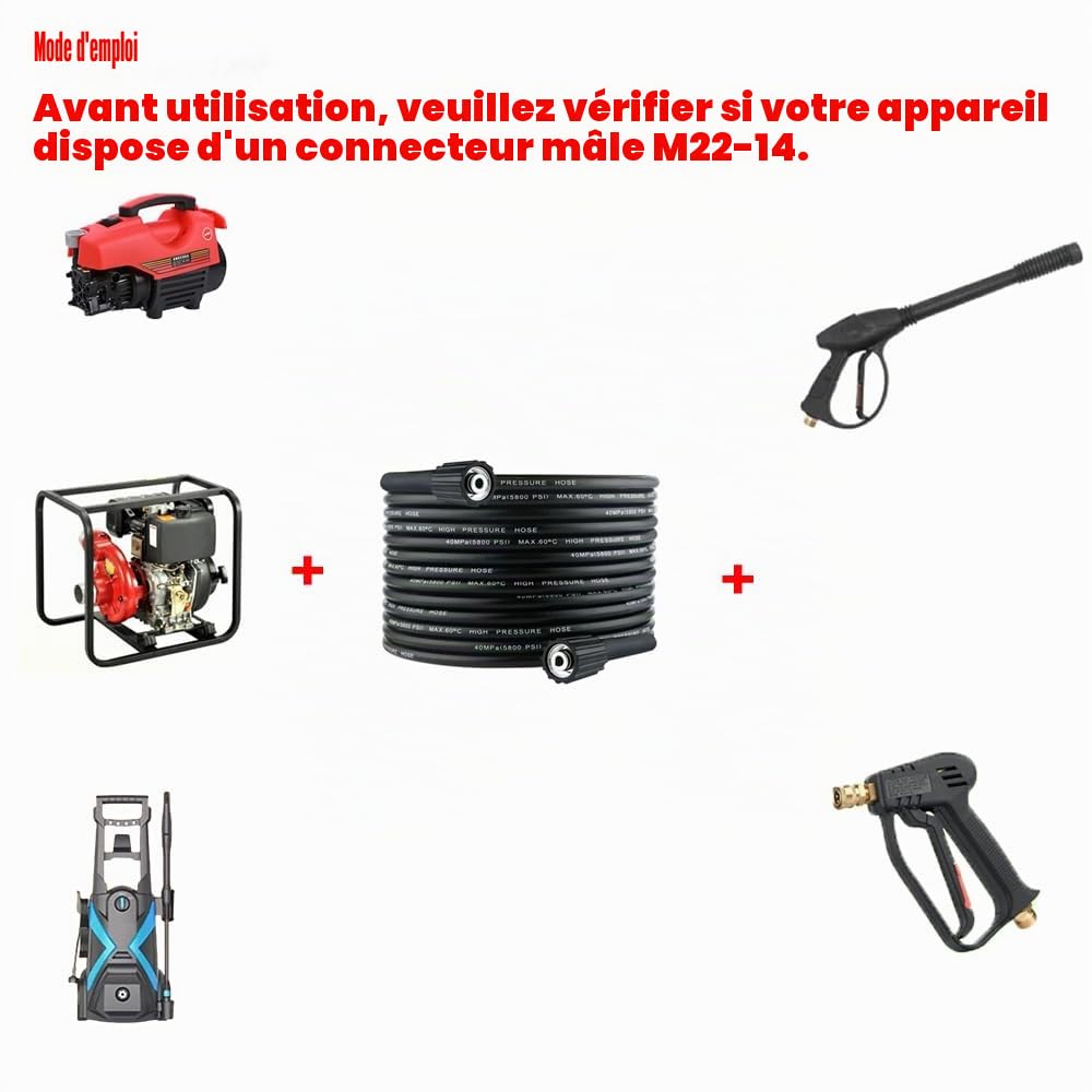 Tuyau de nettoyeur haute pression de 10 m, tuyau d'extension M22 x 14 mm, tuyau de remplacement haute pression 240 bars compatible avec Kärcher standard M22-14 connexion avec raccord fileté M22 x 1,5