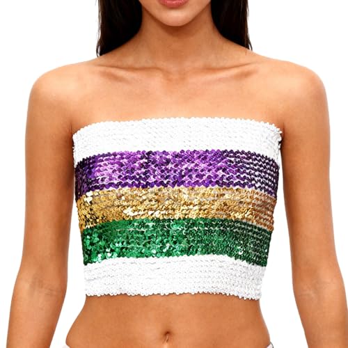 Womens Sparkling Sequins Mermaid Crop Tops Stretch Party Clubwear Bandeau Tube Top Trendy Y2K Going Out Concert Tops