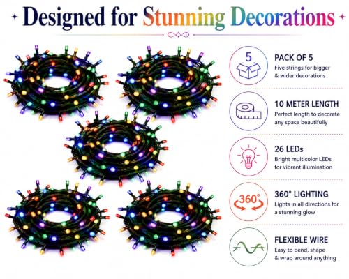 Image of Quace 10 Meter LED String Lights Pack of 5, 26 Multicolor LEDs, 360 Fairy Lights with Flexible Wire for Diwali, Christmas, Wedding, Party, Balcony & Indoor Outdoor Decoration