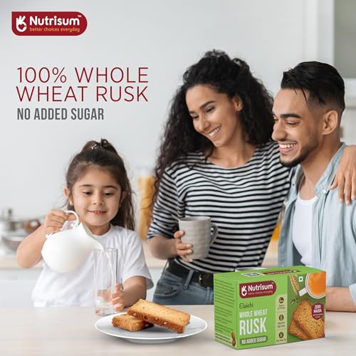 Image of Nutrisum Whole Wheat Rusk | No Maida, No Added Sugar | High Fiber Atta Toast | Crispy Elaichi(Cardamom) Tea Toast | Healthy Rusk for Breakfast & Chai Snack | 90g (Pack of 1)