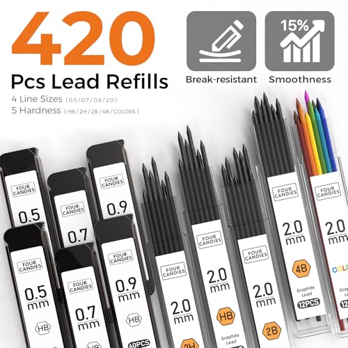 Image of Four Candies Metal Mechanical Pencil Set, 3PCS Art Drafting Pencils 0.5, 0.7, 0.9MM & 2PCS 2MM Mechanical Drawing Pencils with 420PCS Leads (4B 2B HB 2H Color) for Writing Sketching Drawing (Silver)