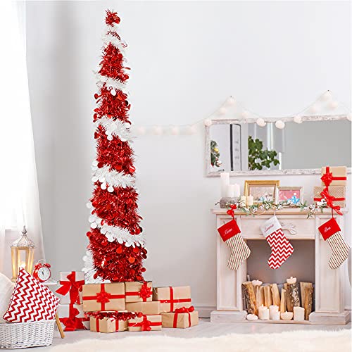 Aerwopopuptinselchristmastree5ftskinnypencilchristmastreeprelitredartificialchristmastreewith60ledcolorlightforindoorhomeroomholidaypartyxmasdecoration Urban Country Home Decor Aerwo pop up tinsel christmas tree 5 ft skinny pencil christmas tree prelit red artificial christmas tree with 60 led color light for indoor home room holiday party xmas decoration urban country home decor