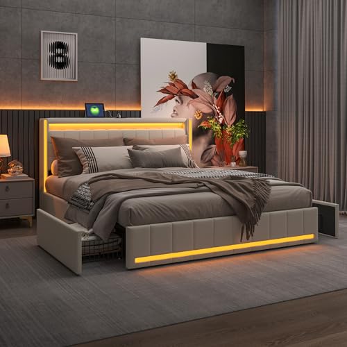 HYNHXBP Letto Matrimoniale Imbottito 160x200 cm con 4 Cassetti di Stoccaggio, Illuminazione LED Regolabile e Porta USB – Tessuto di Lino Beige di Alta Qualità