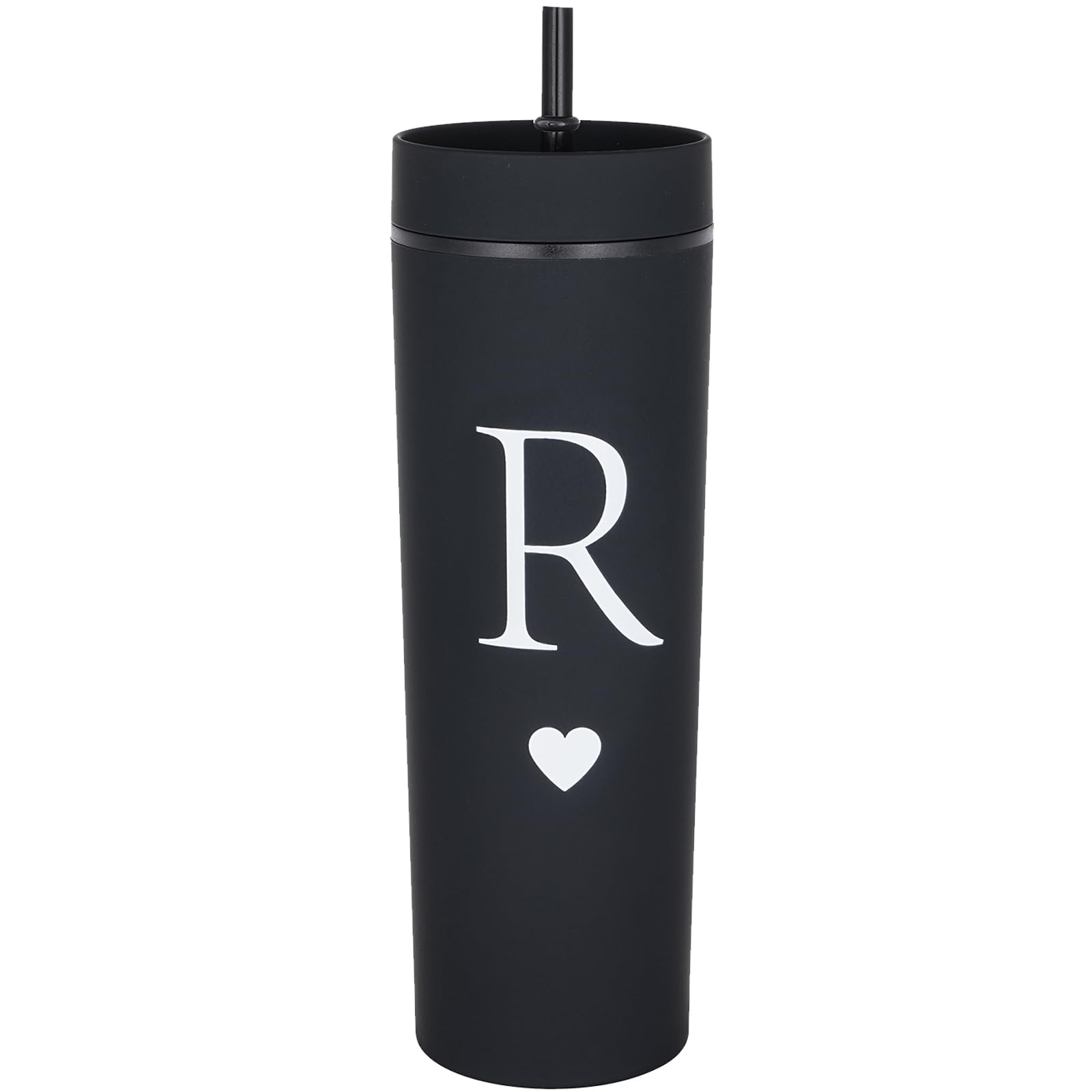 Forest Kiss Letter R Personalized Initial Gifts for Women Men 16oz Double Wall Food-grade Plastic Skinny Tumbler Monogrammed Matte Slim Cup Wedding Graduation Birthday Present (R)