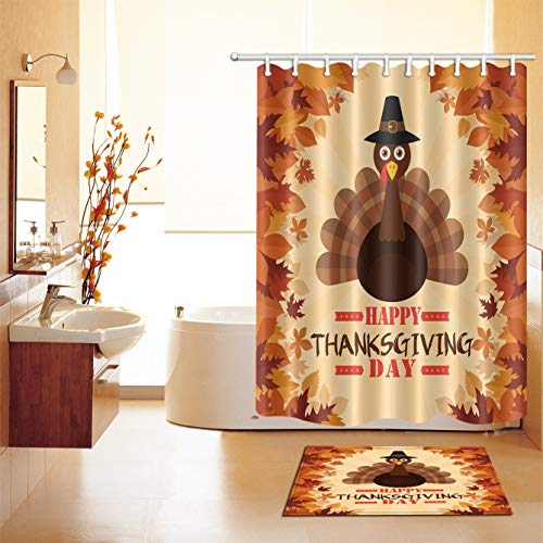 Lb Happy Thanksgiving Day Thanks Giving Shower Curtain Maple Leaf Dark Brown Turkey Bathroom Curtain With Hooks Waterproof Durable Fabric 60X72 Inch,Soft Memory Foam Non-Slip Bath Mat #TOP9