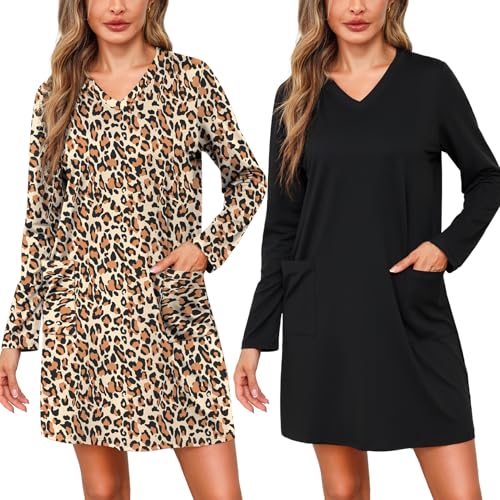 Marvmys Women Long Sleeve Nightgowns Comfy V Neck Nightshirts 2 Pack Sleep Shirts with Pockets Sleepwear S-3XL 3X-Large Black&brown Leopard