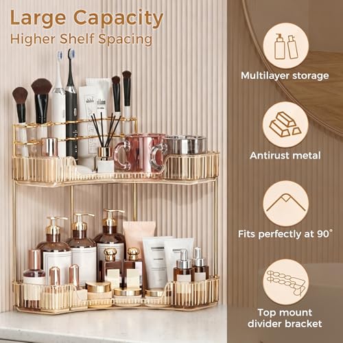 Image of BEFSOP Corner Bathroom Counter Organizer, Upgraded 2-Tier Makeup Organizer Countertop with Makeup Brush Holder, Skincare Exquisite Vanity Organizers Countertop Bathroom Storage Dresser(GOLD)