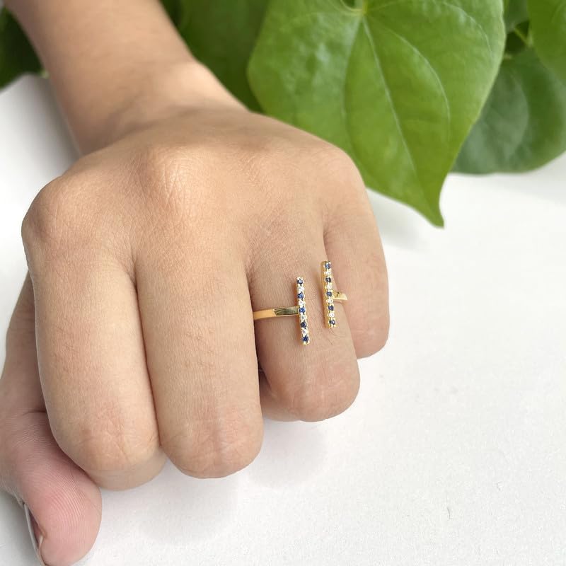 Miniatura 3 de Alternate Blue Sapphire & White Diamond Open T Bar Ring For Women, 14k Yellow Gold Finish Blue Sapphire Open Bar Ring, Stackable Double Bar Ring