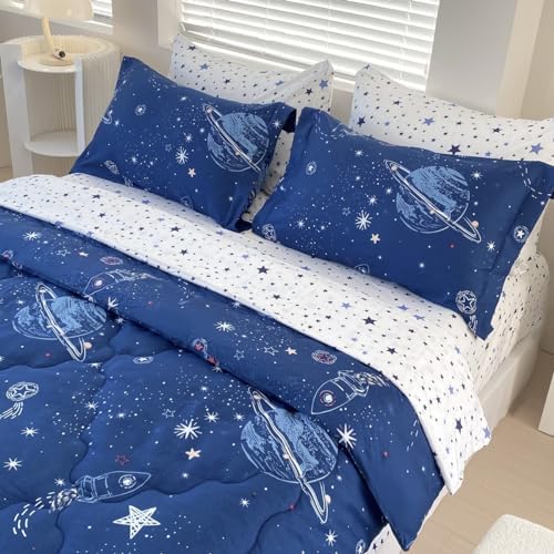 Gusuhome 7 Piece Boys Space Comforter Set Twin Size Bed in A Bag Star Rocket Galaxy Universe Planets Bedding Set for Kids Teens Girls Microfiber Blue Quilt All Season