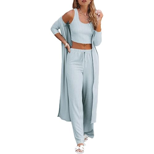 Fessceruna Womens 3 Piece Lounge Sets Pajamas Knit Long Sleeve Cardigan Crop Top Wide Leg Pants Loungewear Set