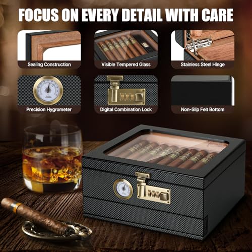 Image of Tesonway Cigar Humidor, Cedar Wood Humidor Cigar Box, Glass Top Desktop Humidor with Front Hygrometer, Humidifier, Divider, Accessories Drawer and Combination Lock, Cigar Gifts for Men (Carbon Black)
