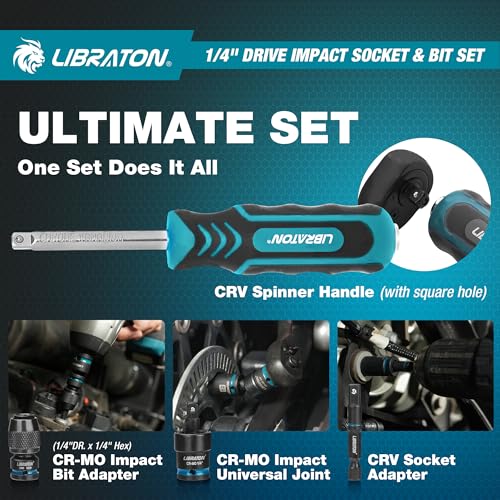 Image of LIBRATON 71PCS 1 /4 Impact Socket Set, Complete SAE & Metric Socket & Bit Set, Impact Ready Drive Socket Kit with 90-Tooth Ratchet & Spinner Handle for Drill & Impact Driver, Automotive Repair Tool Kit